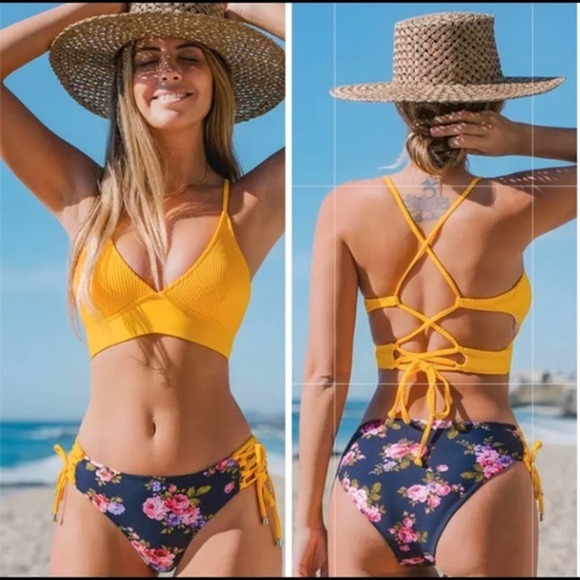 Boutique Other - YELLOW FLORAL LACE UP BIKINI